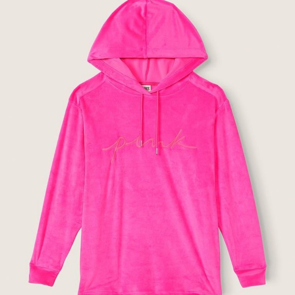 VICTORIA SECRET PINK VELOUR CAMPUS HOODIE SIZE LARGE